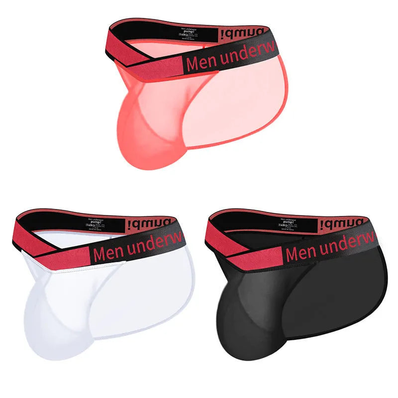 Men's red ice silk nylon briefs with a large V gradient design and high fork cut on a white background.