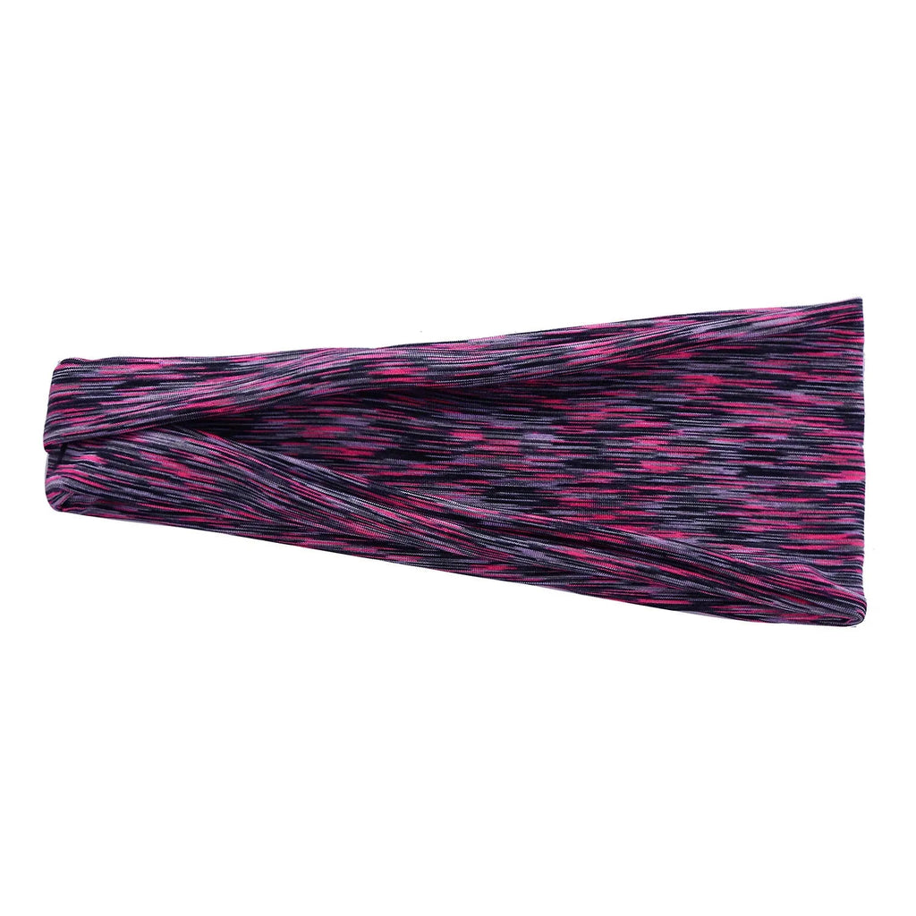 Placed flat, a plaid pattern sports headband in a neutral colour, with geometric elements at the centre