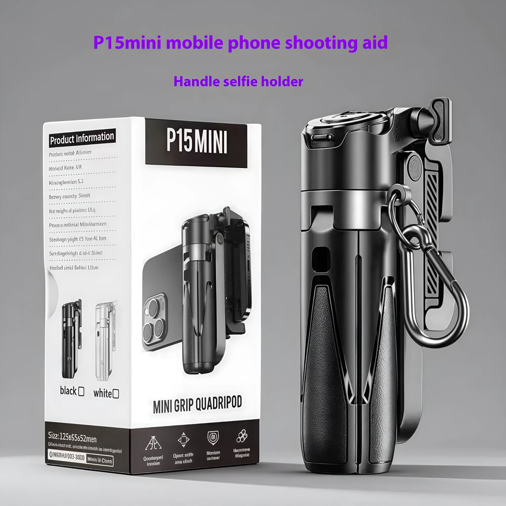 P15 Handheld Stabilizer selfie stick in black or white with Bluetooth remote, phone bracket, and optional H1 or H2 light