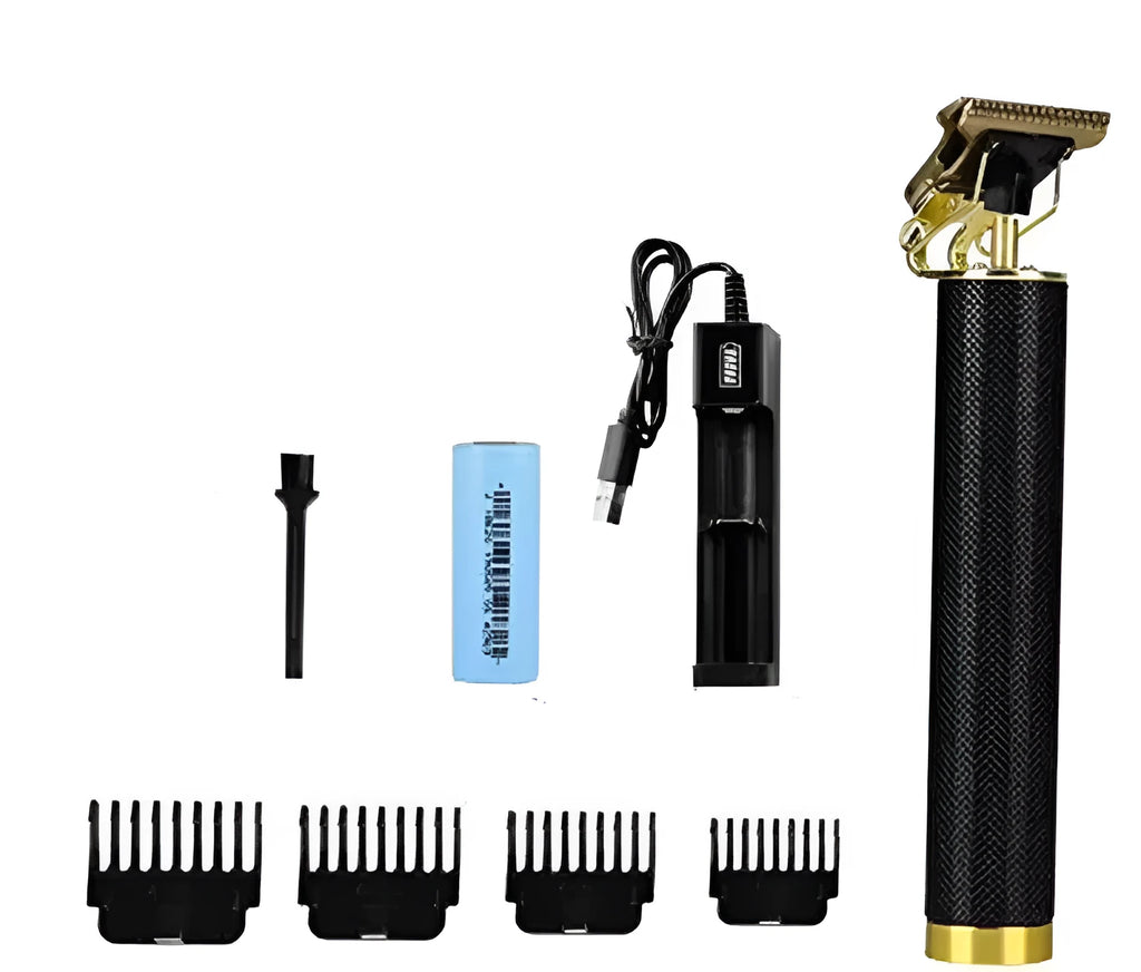 Black rechargeable electric hair clipper with four comb attachments and a cleaning brush.