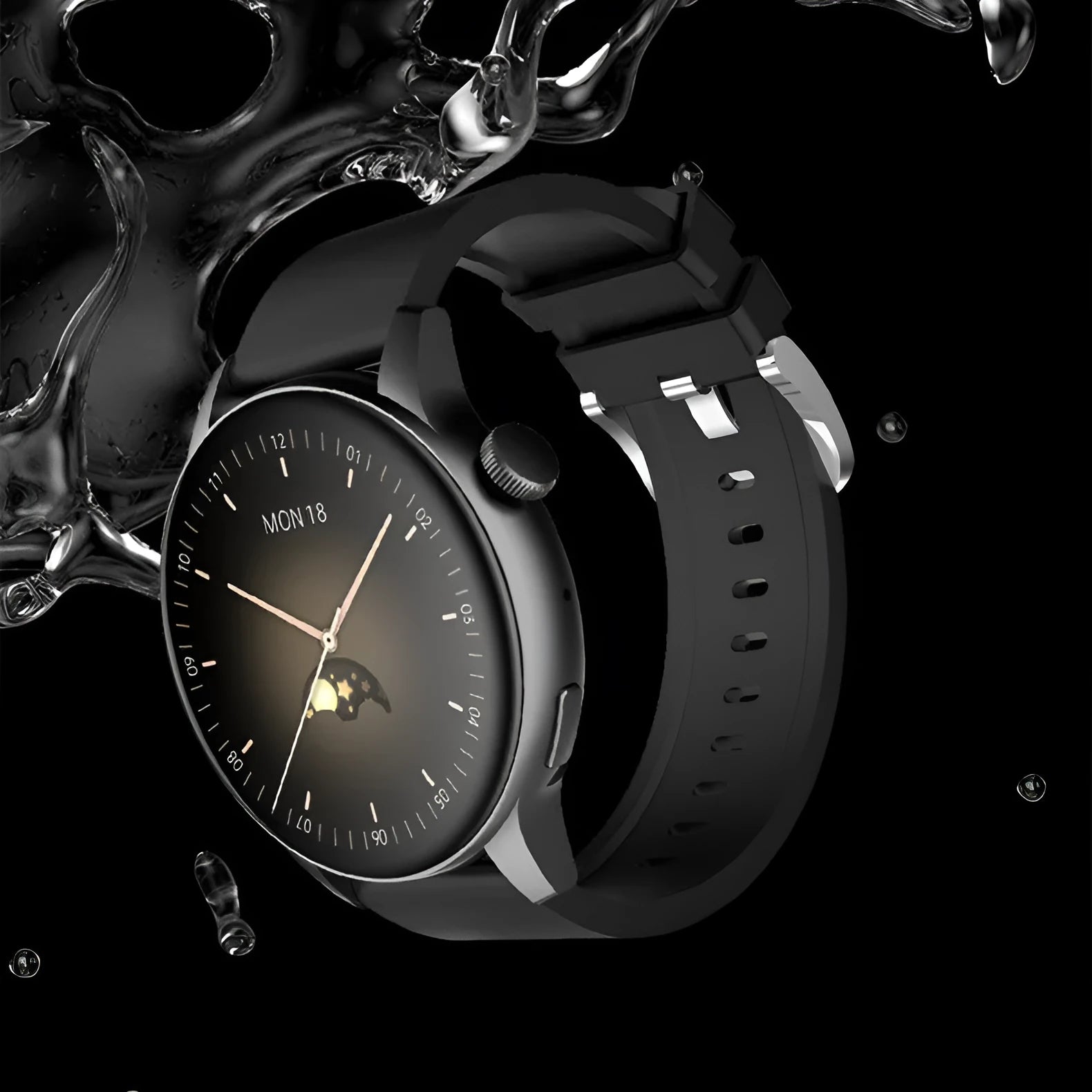 Stainless steel smart watch with a colour touchscreen on a wrist, showing a digital watch face.