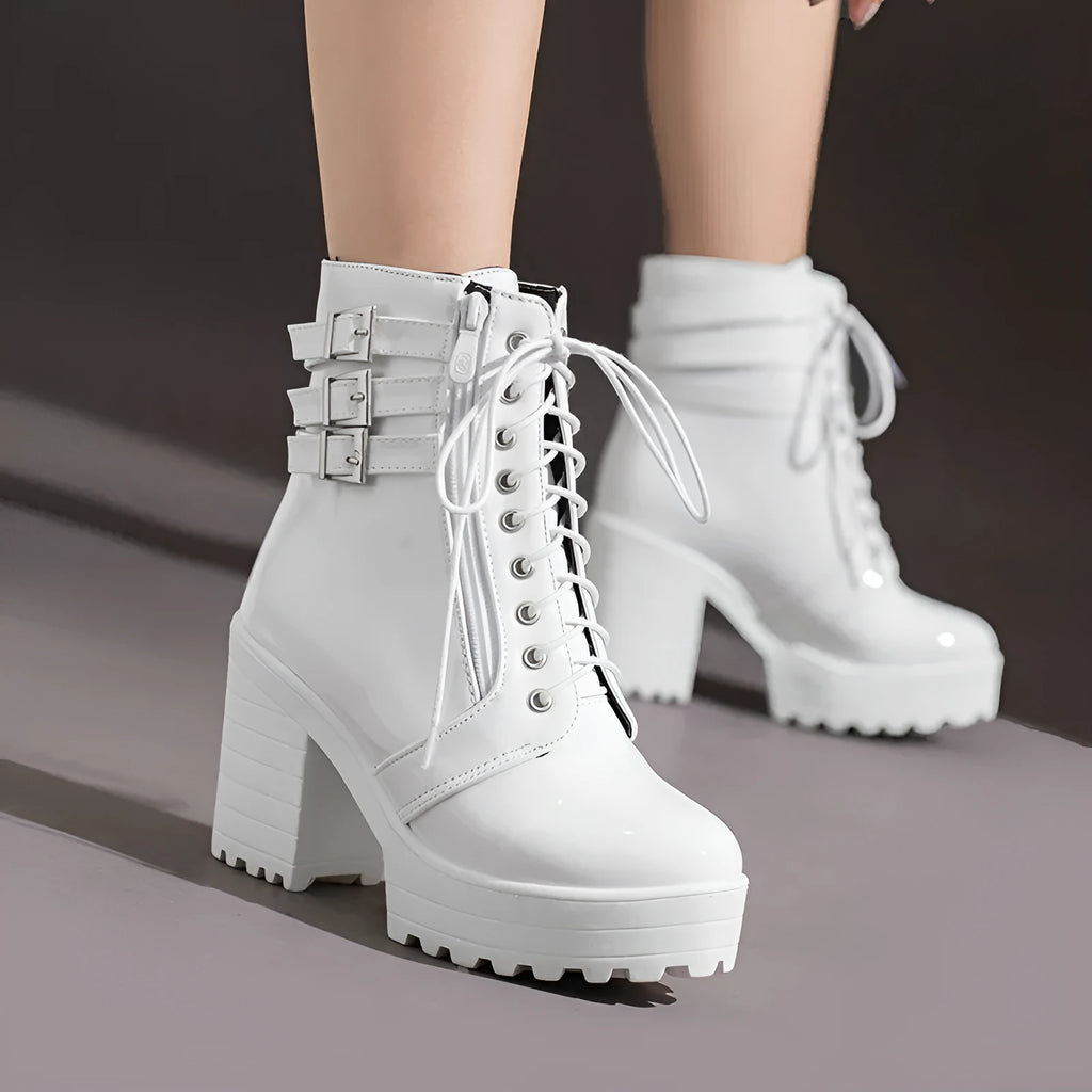 Women's black thick-heeled short boots with lace-up front and waterproof platform