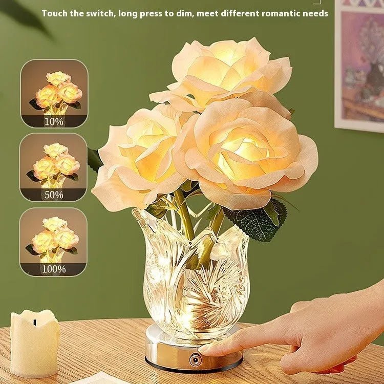 White crystal flowers design USB rechargeable touch dimming table lamp on wooden surface