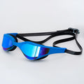 Racing style anti-fog swimming goggles with coloured lenses and adjustable strap on a blue background.
