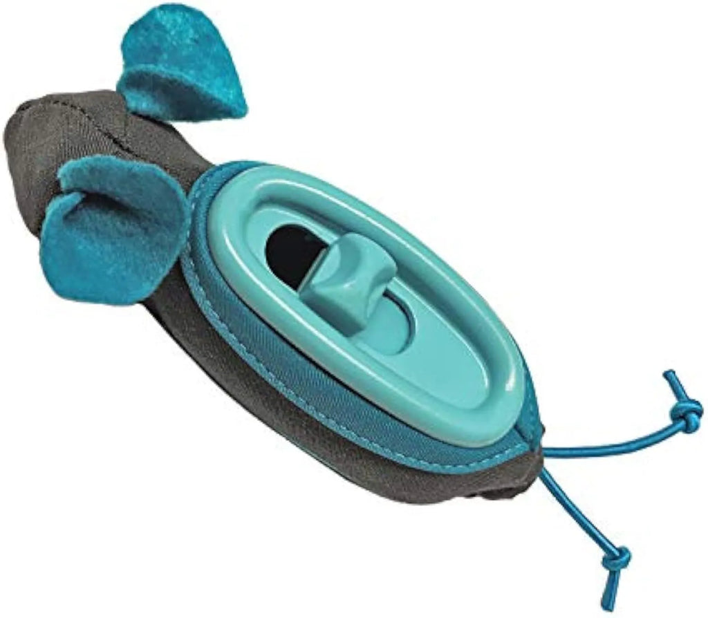 Blue interactive indoor treat dispenser mouse toy for cats with fabric skin and plastic feeder
