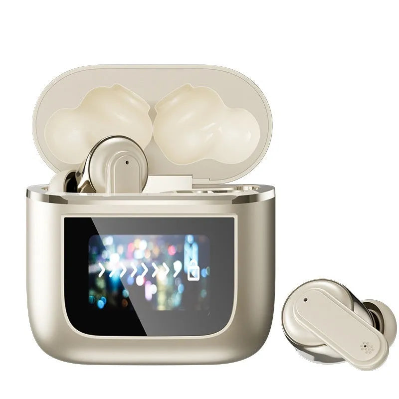 Intelligent Touch Screen Bluetooth Earphones in Black and Gold with ear plug style design