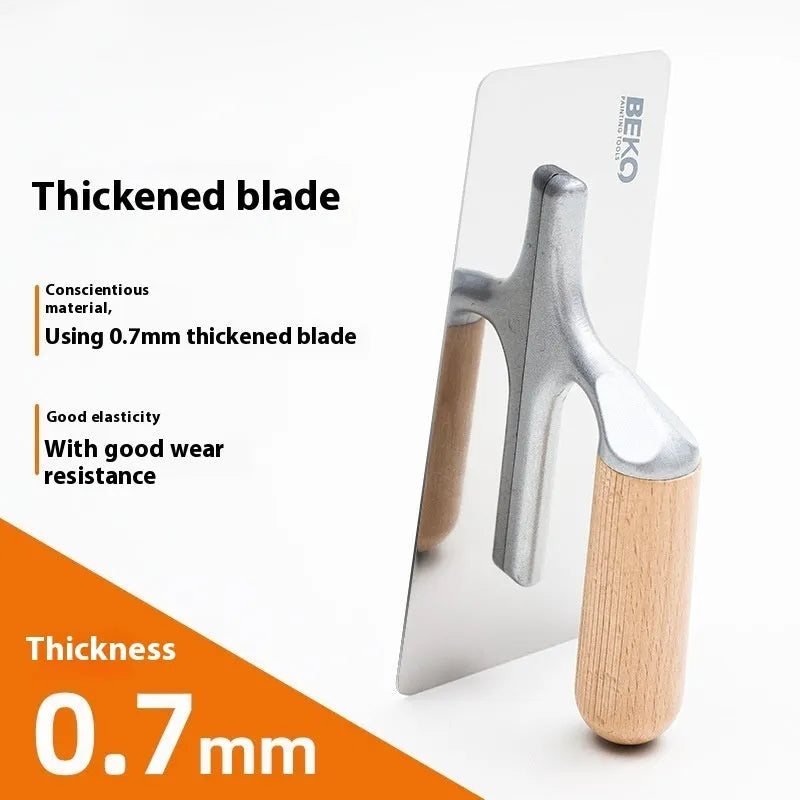 Stainless steel putty scraper with wooden handle shown in three blade sizes for floor and wall finishing