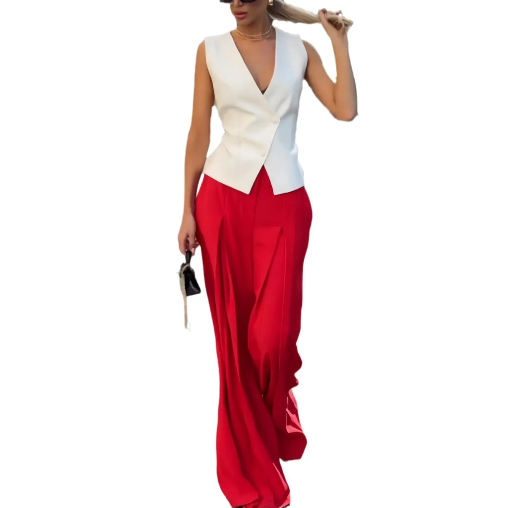 Women's beige polyester two-piece set with sleeveless deep V-neck top and high-waist wide-leg trousers.