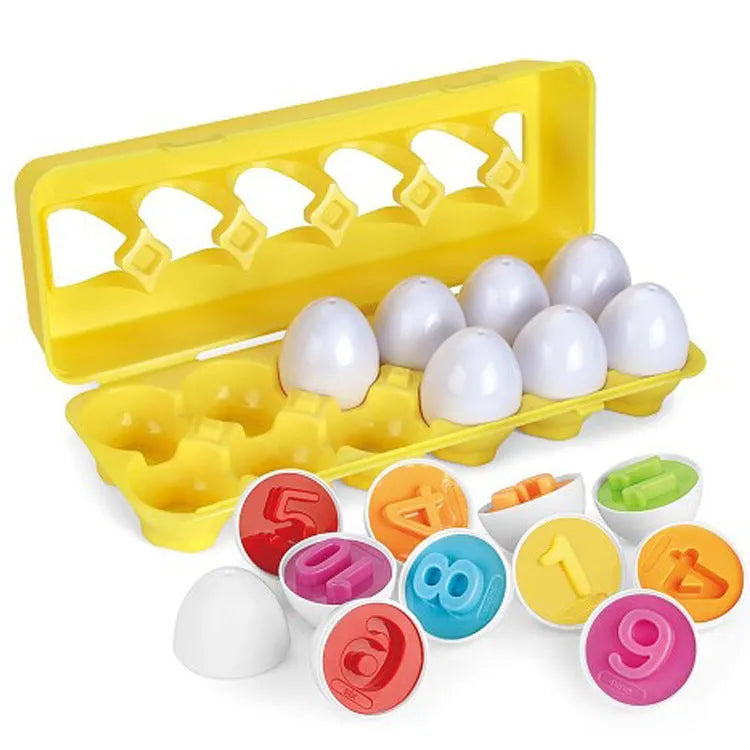 Children's educational twist egg toy set with 12 colourful dinosaur-themed plastic eggs in a drawstring bag