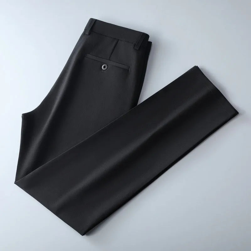 Men's spinning summer business casual trousers in solid colour black, polyester fabric, micro elastic waist, sizes 29-40