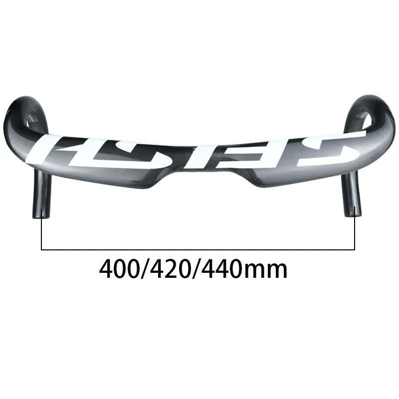 Carbon fibre road bicycle drop handlebar with internal cable routing channels shown in a black finish