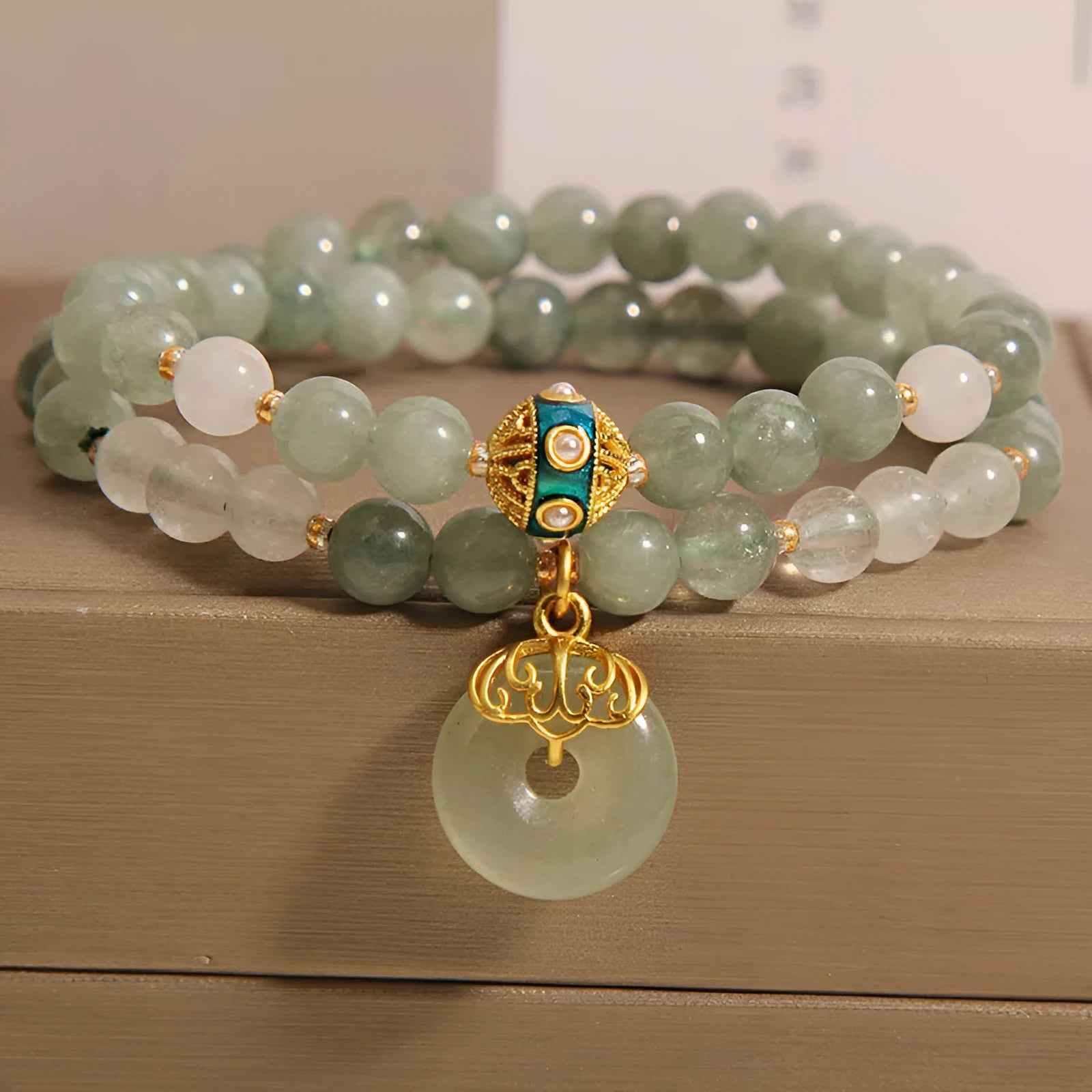 Women's double-layer aventurine jade bracelet with crystal accents and peace buckle safety clasp