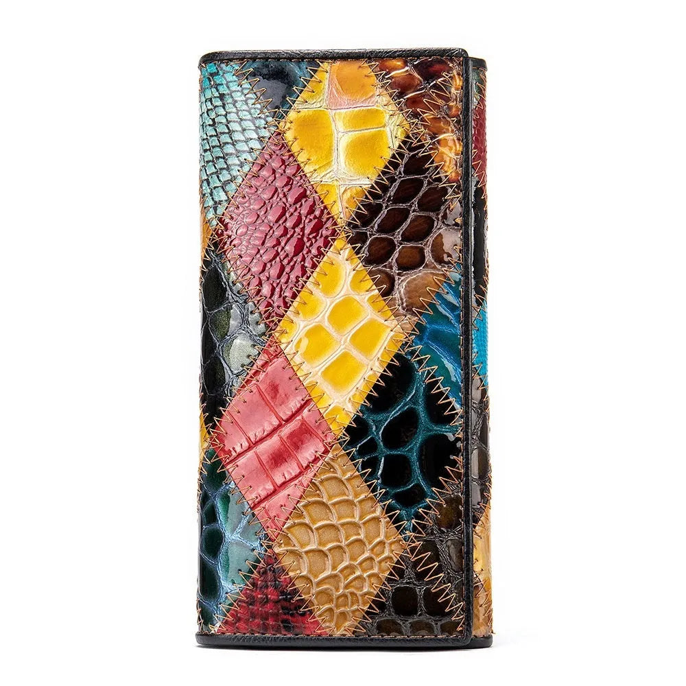 Women's genuine leather splicing wallet in 4131 geometric pattern with cowhide stitching, mid-length design