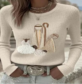 3D effect artistic retro knit sweater for women in loose fit polyester fabric with embossed pattern