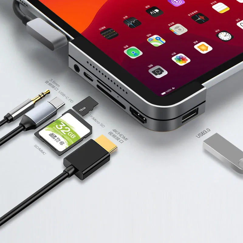 Silver aluminium grey USB-C 6-in-1 docking station for iPad Pro with HDMI and card reader ports
