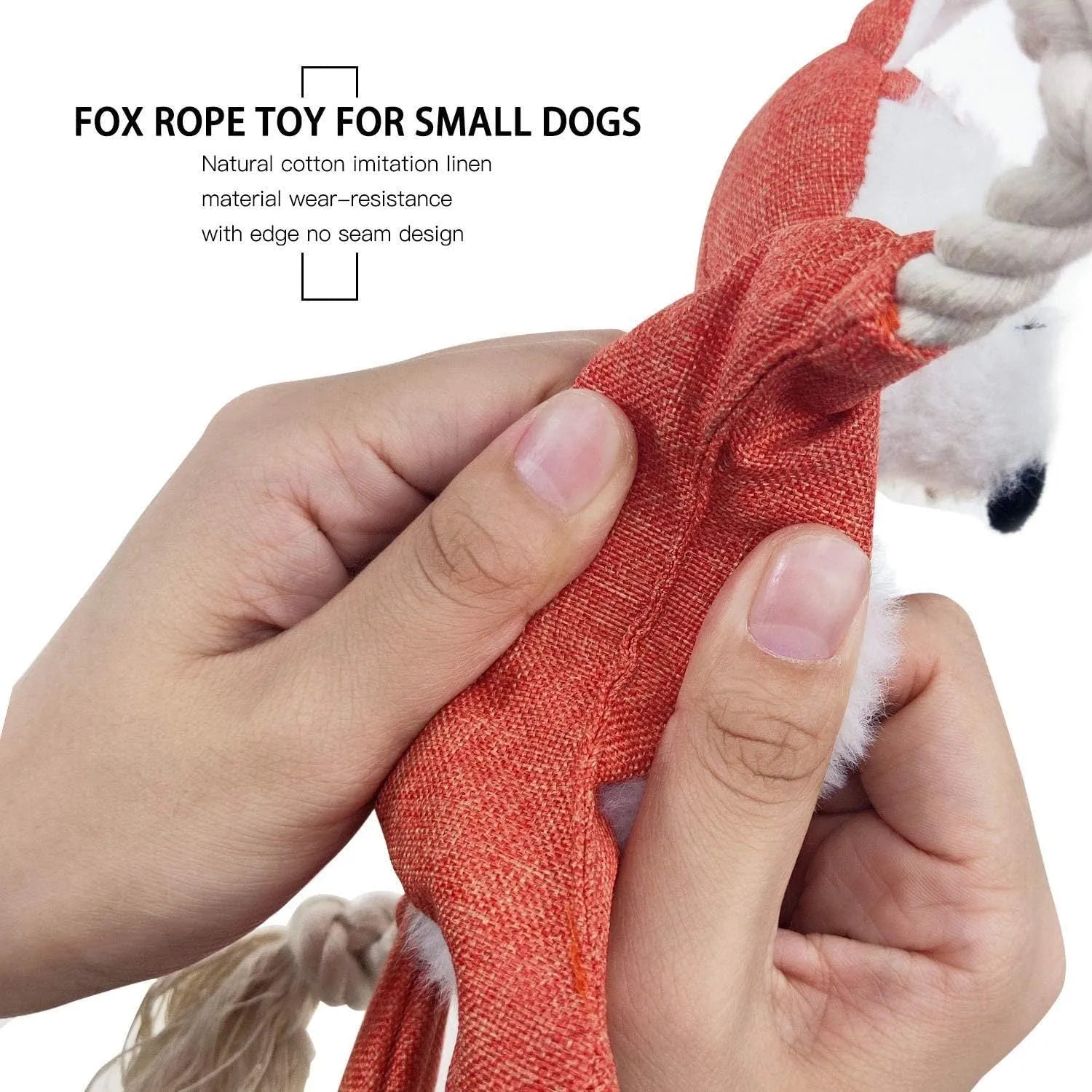 Brown stuffless plush fox dog toy with embroidered eyes, cotton rope arms and legs