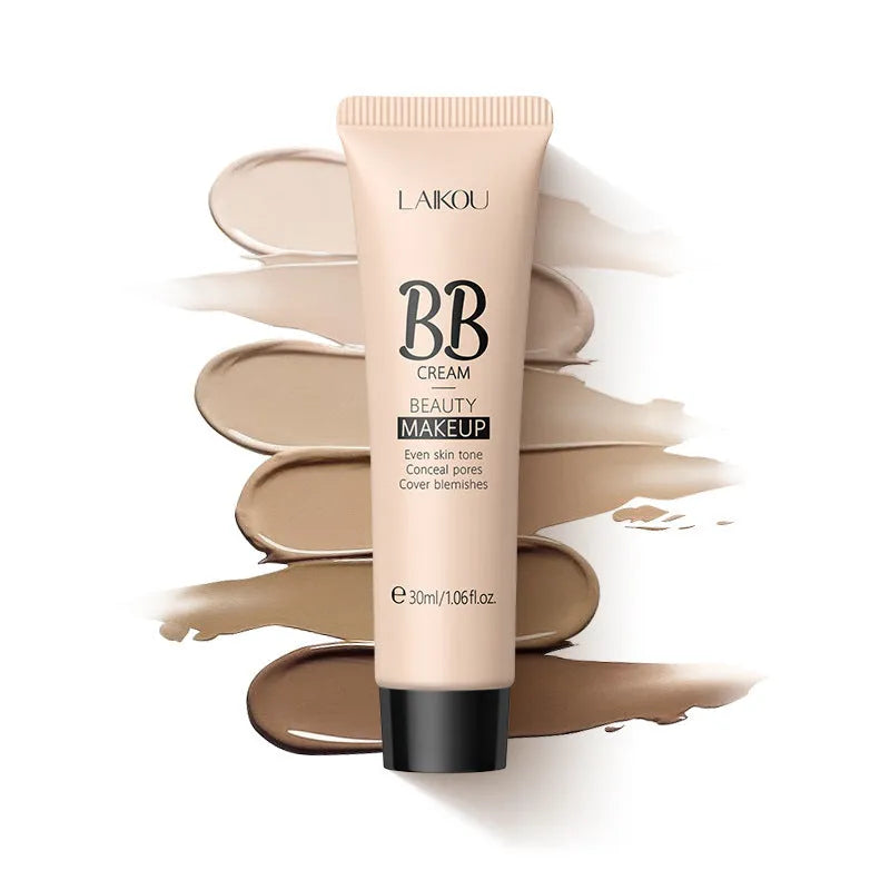 30ml BB cream tube in natural finish showing nine shade options from ivory white to brown