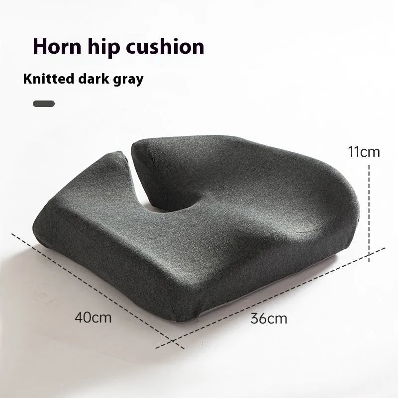 Memory foam office seat cushion in grey, shown on a chair with dimensions 36cm by 40cm.