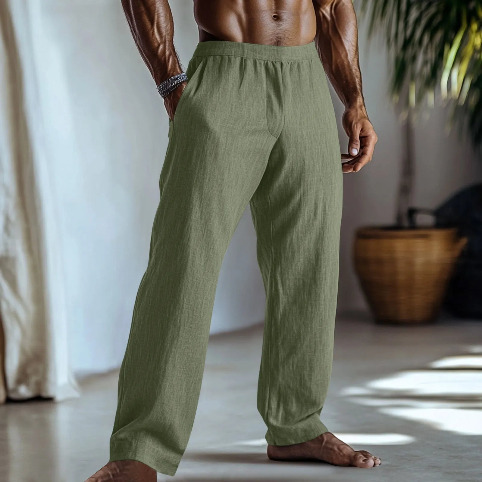 Cotton and linen straight leg casual trousers in British style with pocket details