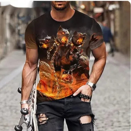 Men's grey t-shirt featuring a large, detailed 3D lion face print on the front.