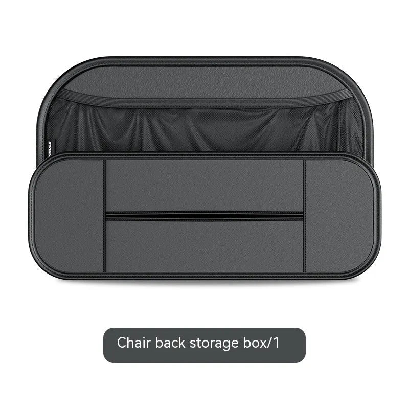 Black leather car seat rear storage bag with compartments, shown mounted on a car seat.