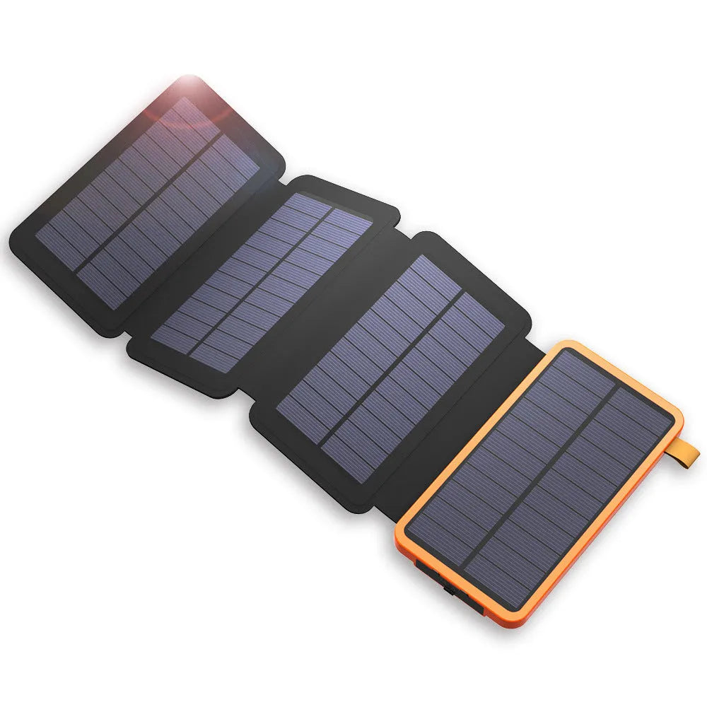Black outdoor solar power bank with a leather finish, showing the solar panel and a single USB charging port.