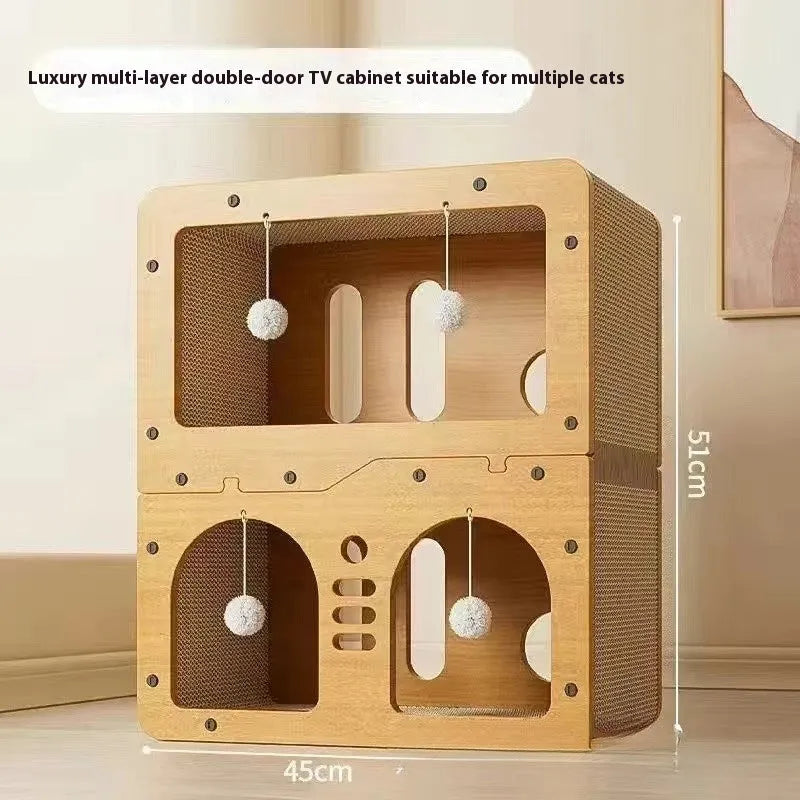 Double-layer cat scratching board with integrated cat nest in one of six available style variations