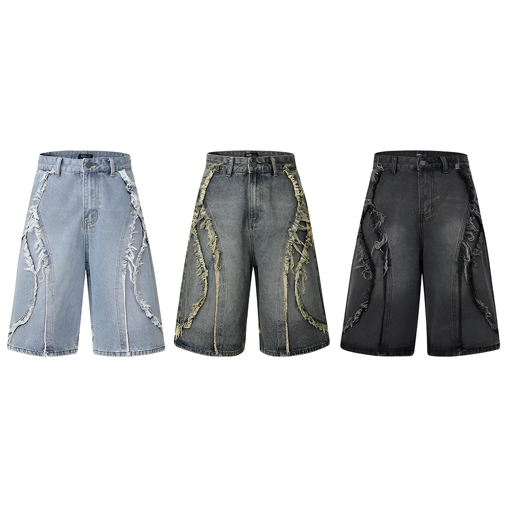 Distressed denim shorts with raw edge finish in straight cut available in three colours