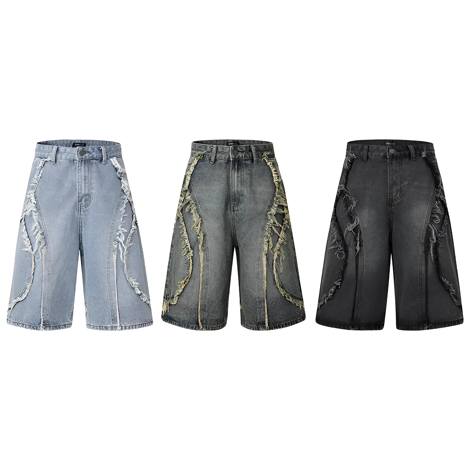 Distressed denim shorts with raw edge finish in straight cut available in three colours