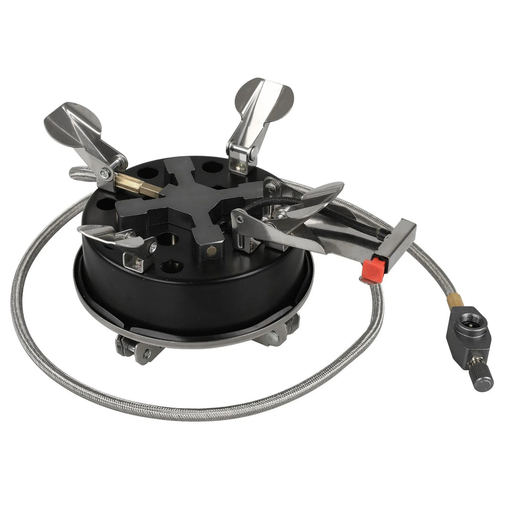 Silver portable split camping stove with folded legs and a 100cm gas hose on a wooden table.