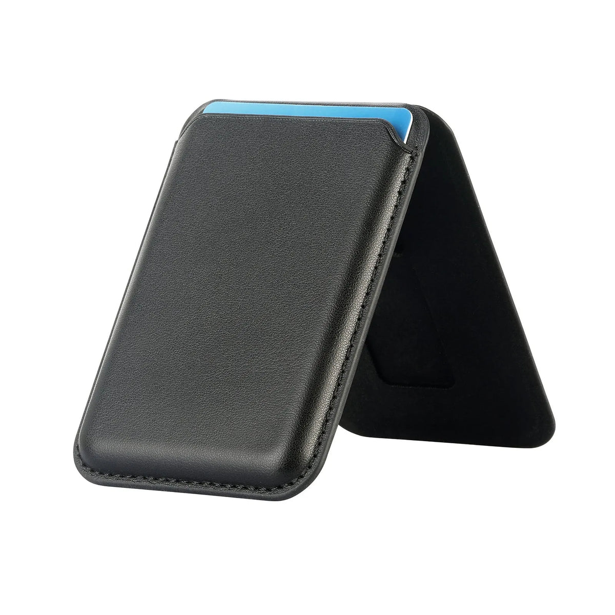 Magsafe magnetic card holder folding bracket in embossed imitation leather, 9.3 x 6.3 x 0.9 cm, shown in black