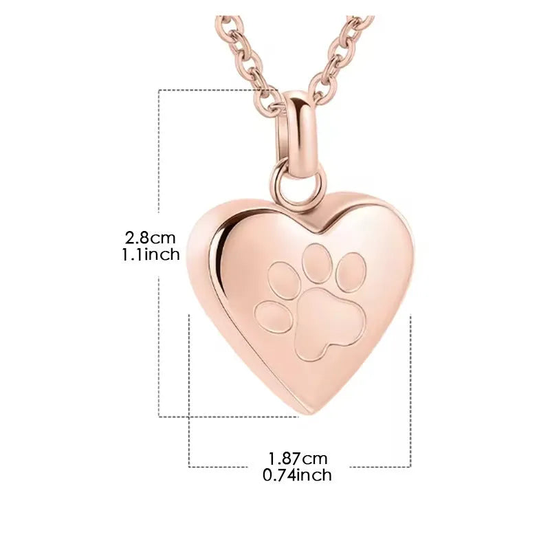 Titanium steel heart-shaped casket necklace with a love paw print, shown on a chain.