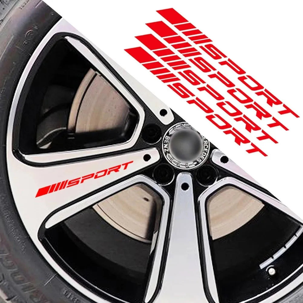 Car rim stickers with hollow sports design in black, red, or white colours measuring 10cm by 0.7cm