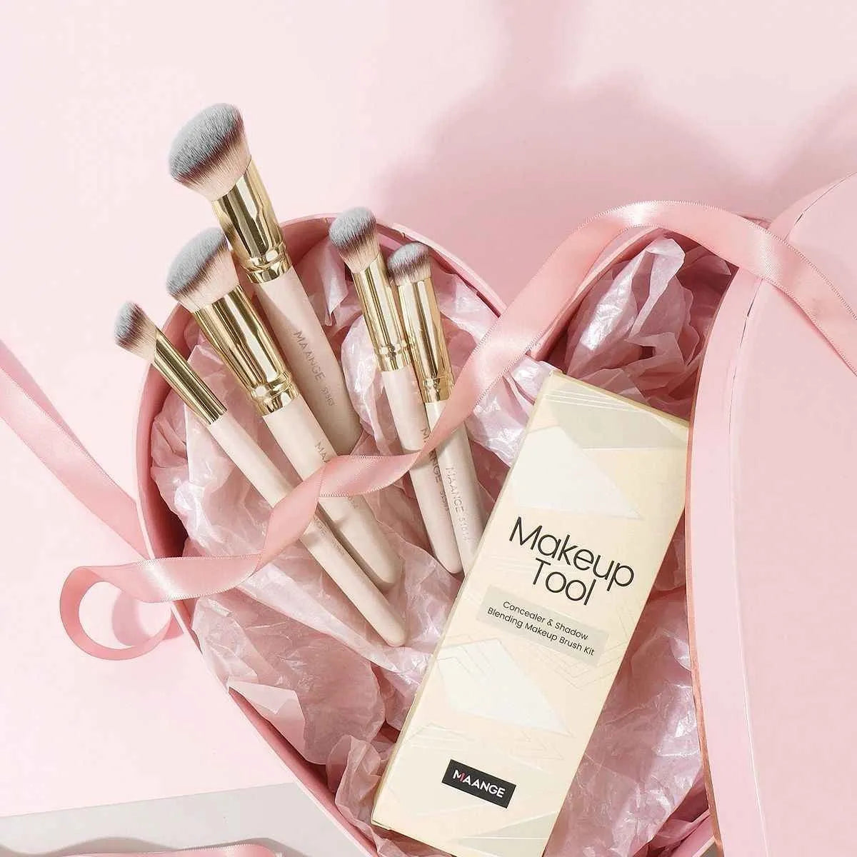MAANGE five-piece angled blush and foundation makeup brush set with apricot handles.