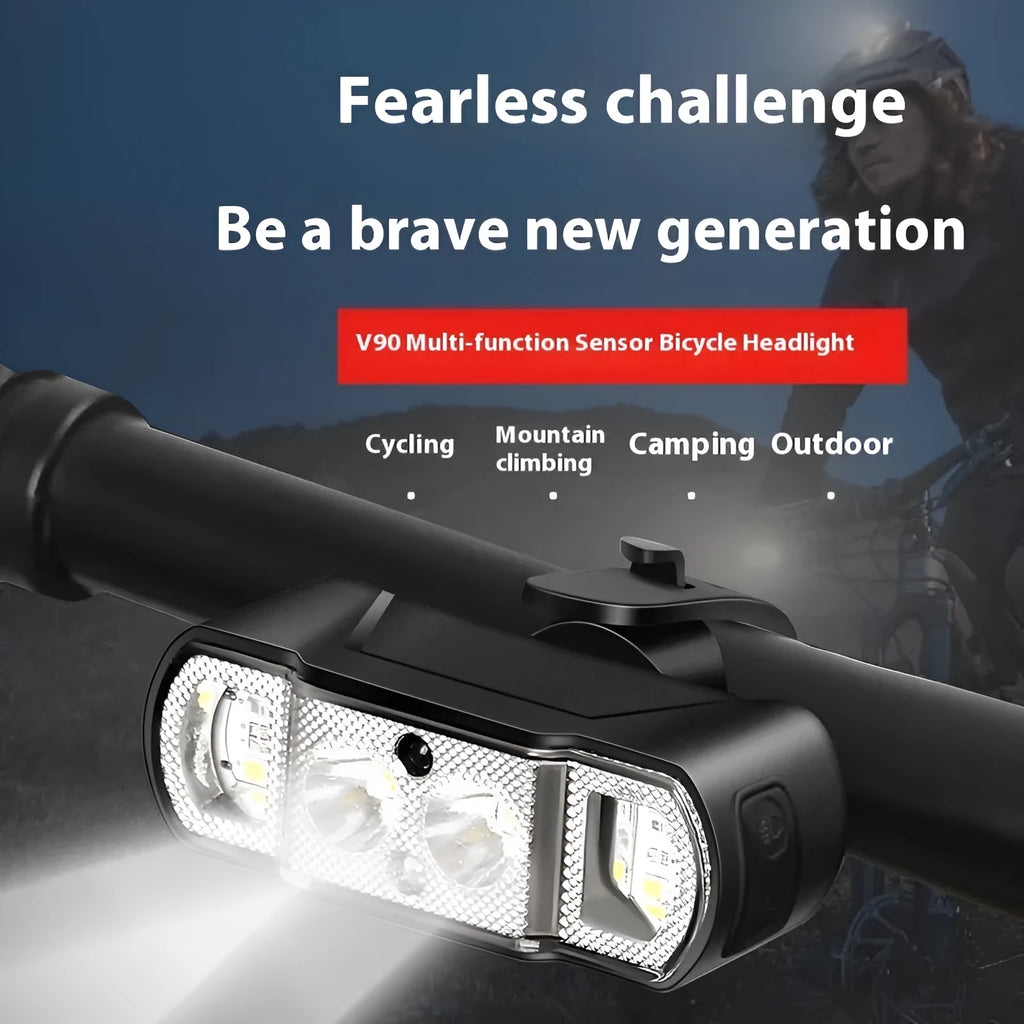 Black bicycle headlight with wave induction control and 350 lumen LED for mountain and road cycling