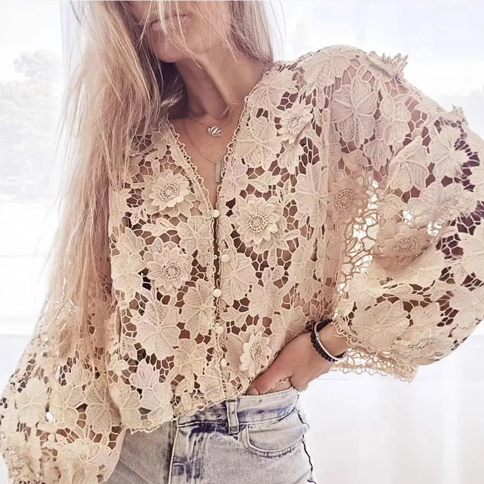 Women's loose fit V-neck lace cardigan with three-dimensional flower embroidery in black