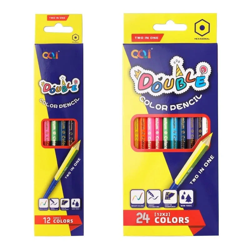 Set of wooden colour pencils showing double-headed brush and colour lead tips, available in 6 or 12 piece packs.