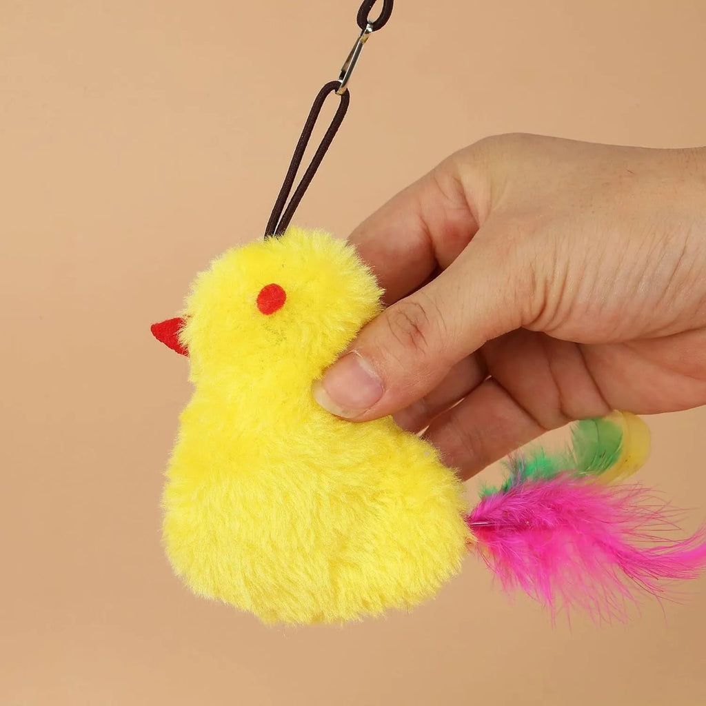 Grey and yellow interactive hanging cat toy with retractable rope, treat bulb, and mouse attachment.