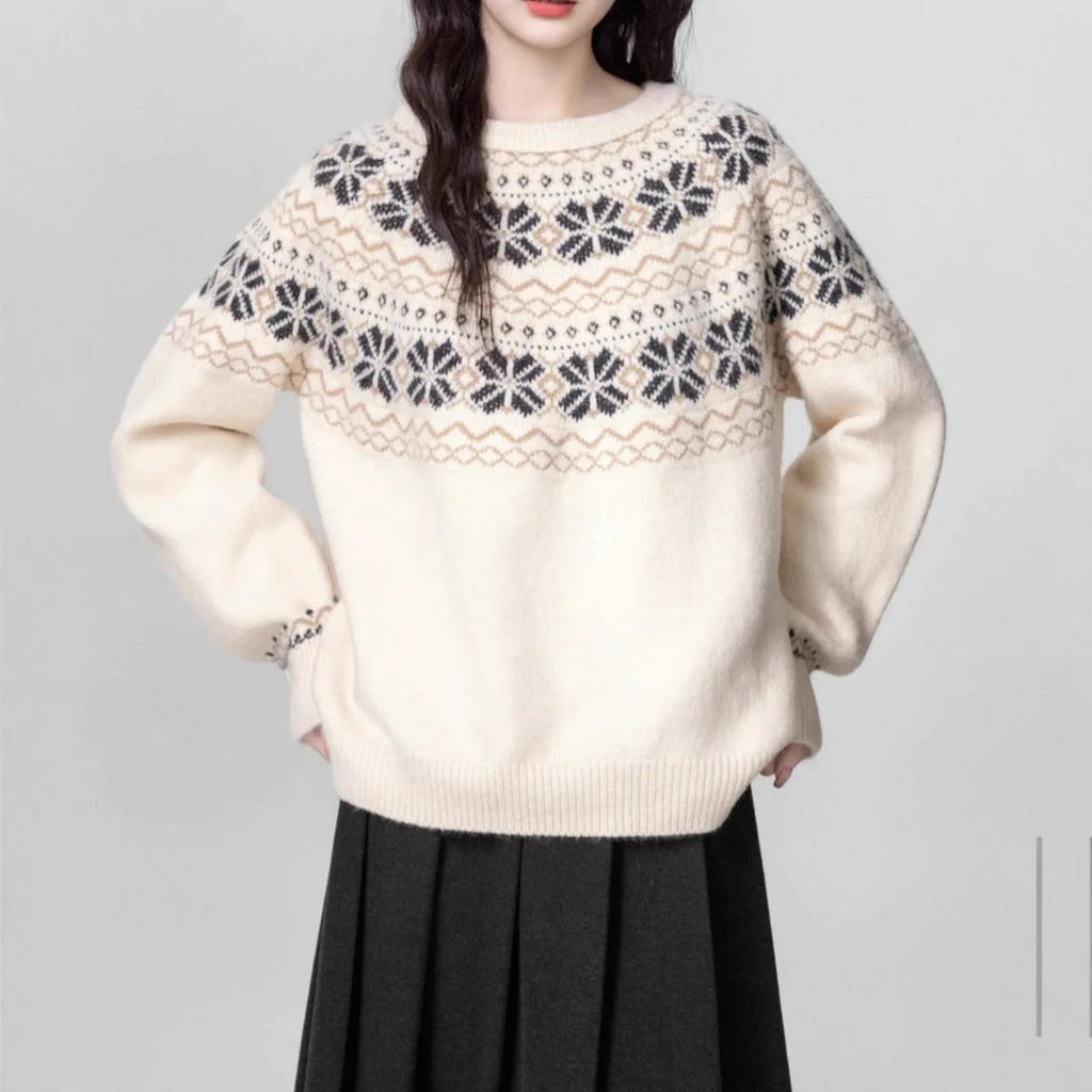 Women's milky white vintage Fair Isle geometric pattern pullover sweater with a loose fit and crew neck.
