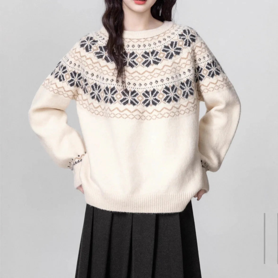 Women's milky white vintage Fair Isle geometric pattern pullover sweater with a loose fit and crew neck.