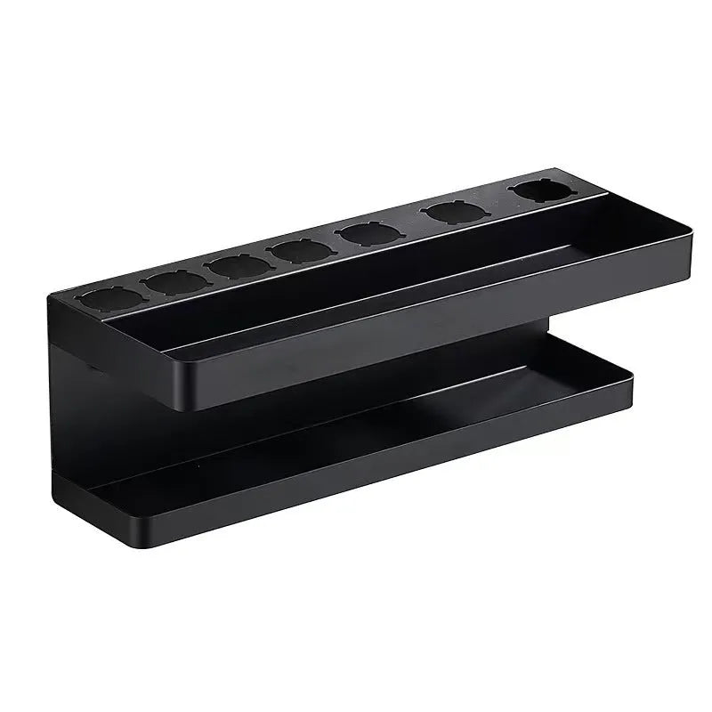 White aluminium double-layer punch-free storage rack holding a Marcel waver curling iron on a bathroom wall.