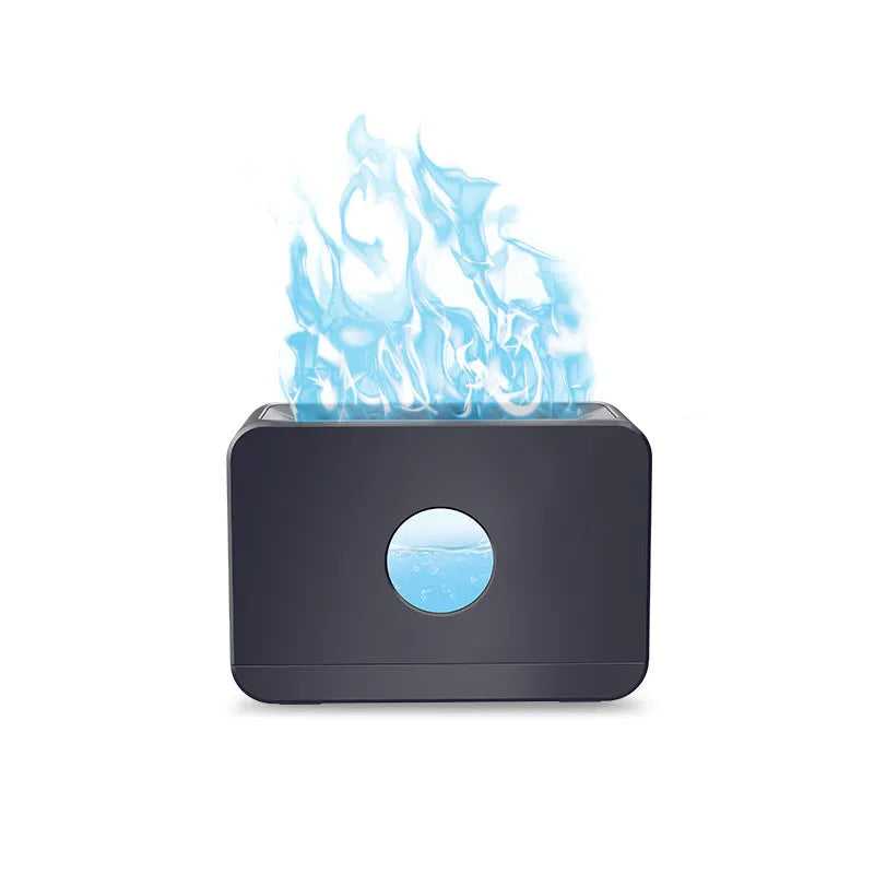 Two-colour flame aromatherapy humidifier with remote control, square plastic design, and water tank