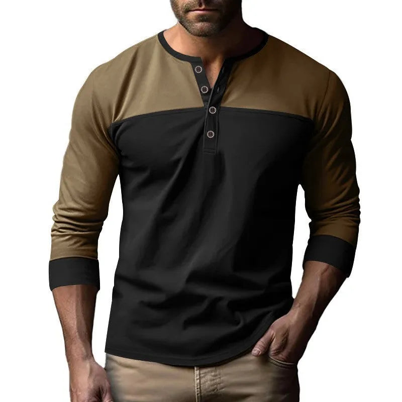 Man wearing a long-sleeve henley collar casual shirt in a solid colour with textured beaded twill fabric.