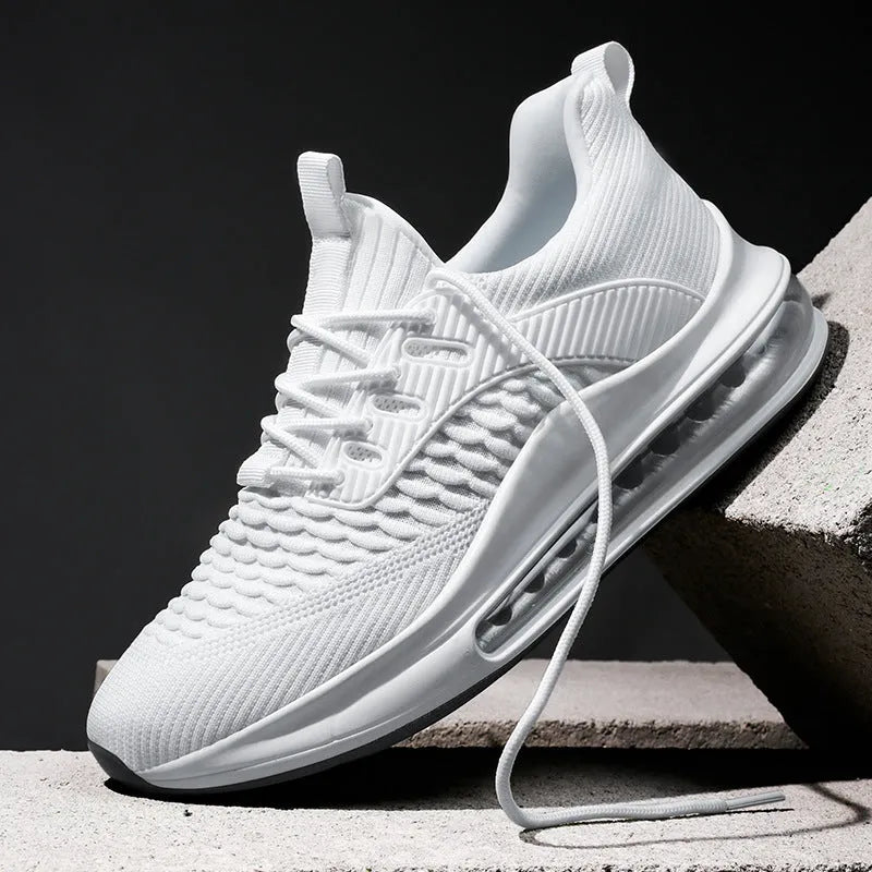 Men's low-top black mesh running shoes with white rubber sole and lace-up front.
