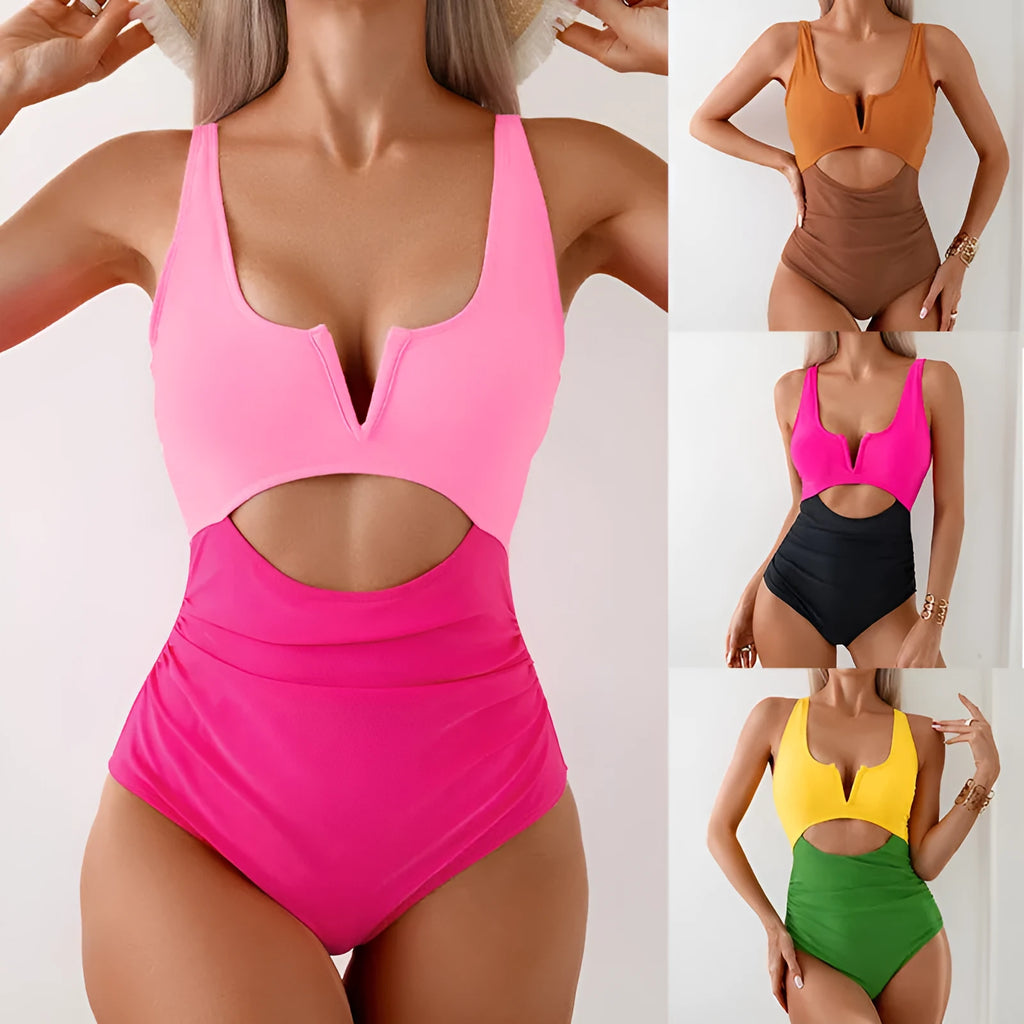 Women's contrast colour one-piece swimsuit in nylon, shown in green, black, dark pink, and brown colour options.