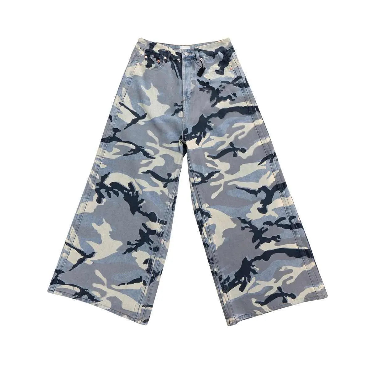Snow camouflage blue loose fit denim jeans for men and women on a hanger.