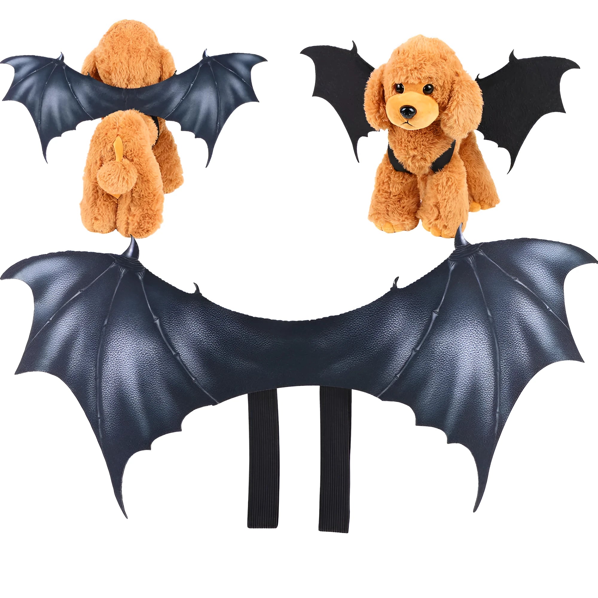 Black cloth bat wing Halloween costume shown on a pet, available in 40cm, 55cm, and 64cm wing sizes.