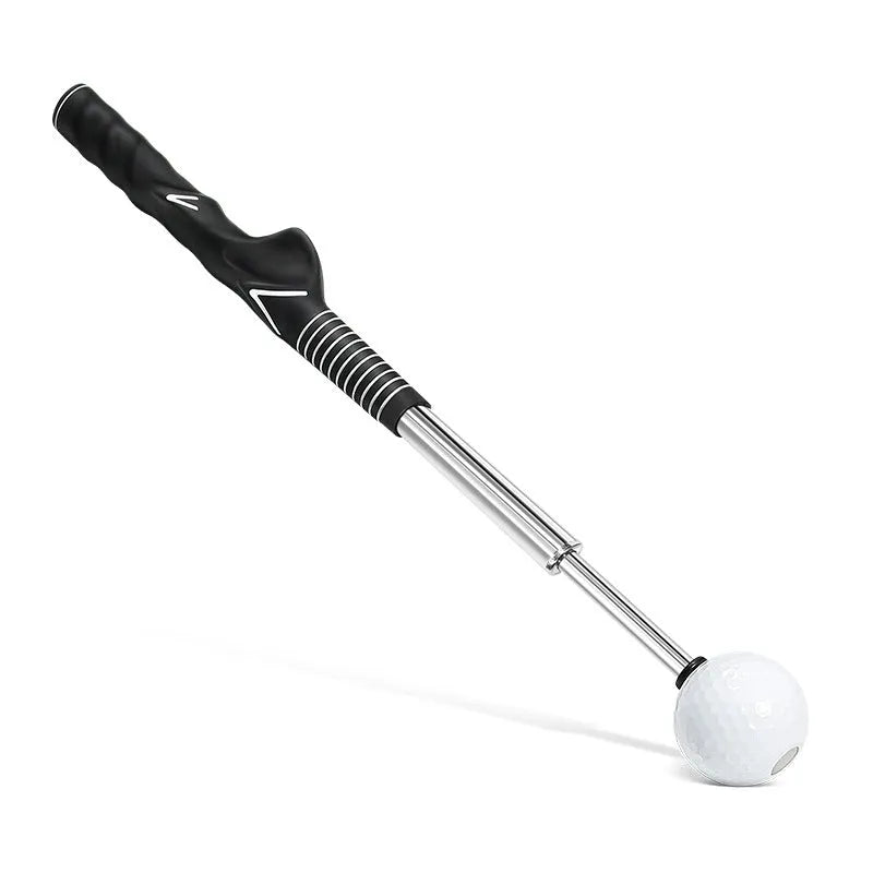 Telescopic stainless steel golf swing simulator with trainer, shown in black, blue, and red colour options.