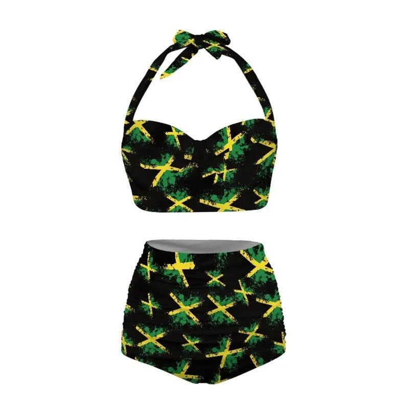 Halter bikini set with lace-up triangle top and matching brief bottom in European American pattern style
