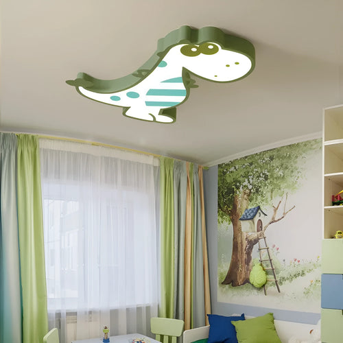 48cm cartoon dinosaur ceiling light with aluminum body and white PVC shade, showing dimmable LED lighting.